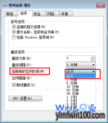 在“挂断前的空闲时间”后面的下拉菜单中选择“从不”