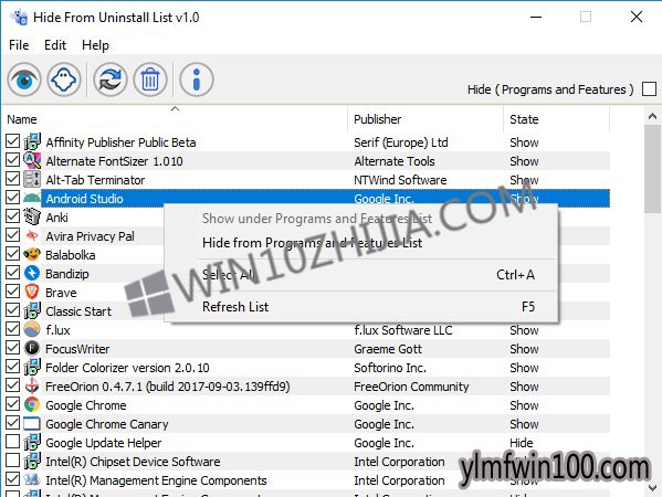 从Windows10中的卸载界面隐藏程序